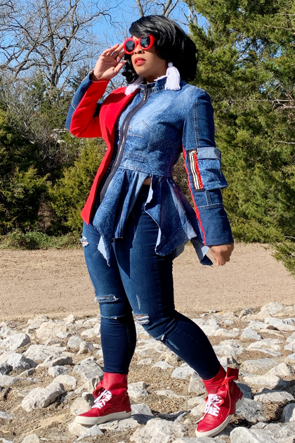 Red denim cheap jacket outfit